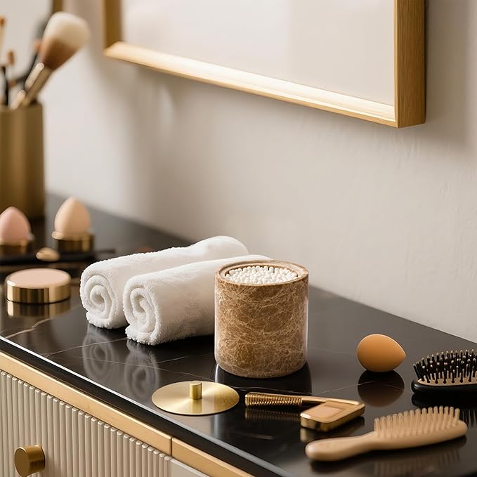 Marble Qtip Holder with Brass Lid for Cotton Swabs,Balls,Pads,Floss Picks Large Capacity Marble Apothecary Jar for Bathroom Essentials Decor, Vanity Makeup Storage Organizer Light Brown (WH080)