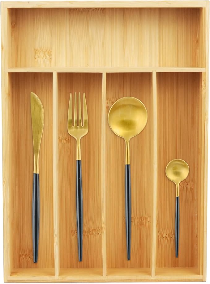 LotFancy Bamboo Kitchen Drawer Organizer, 9.5 Inch Silverware Organizer for Small Drawer, Silverware Tray, Utensil Organizer for Cutlery, Fork, Spoon Storage