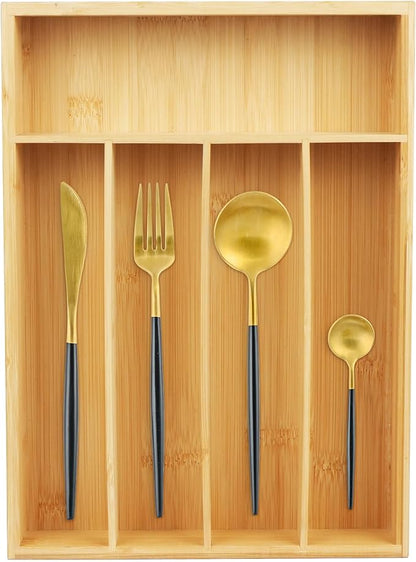 LotFancy Bamboo Kitchen Drawer Organizer, 9.5 Inch Silverware Organizer for Small Drawer, Silverware Tray, Utensil Organizer for Cutlery, Fork, Spoon Storage