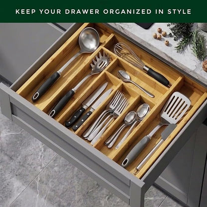 Bamboo Drawer Organizer, Expandable 8-Slot Silverware & Utensil Tray for Kitchen Drawers, Fits 13–19.5 Inch Drawers, Deep Compartments, Durable & Eco-Friendly Natural Bamboo