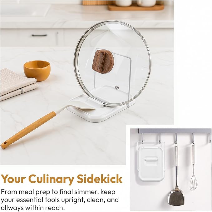 Pot Lid Holder with Spoon Rest for Stove Top and Kitchen Counter, Foldable Pot Lid Organizer with Non-Slip Pads for Lids, Spoons and Spatulas, White