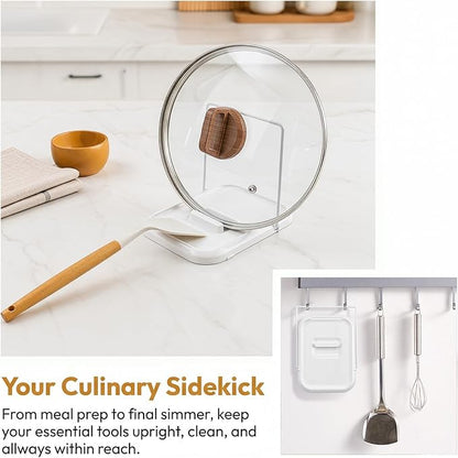 Pot Lid Holder with Spoon Rest for Stove Top and Kitchen Counter, Foldable Pot Lid Organizer with Non-Slip Pads for Lids, Spoons and Spatulas, White