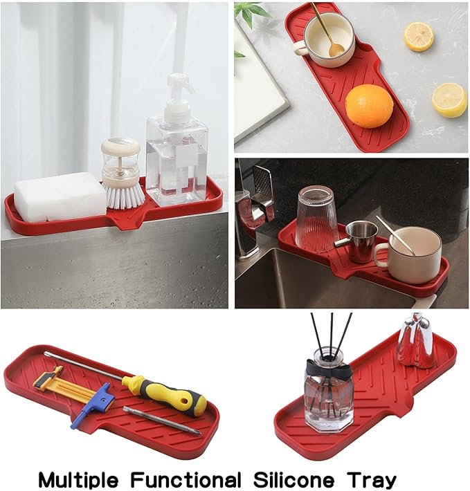 MicoYang Silicone Bathroom Soap Dishes with Drain Spout-Bathroom and Kitchen Sink Organizer,Sponge Holder,Dish Soap Tray,Perfect for Dispenser,Scrubber,Bottle,Cup on Sink or Counter-Red 12"×4"
