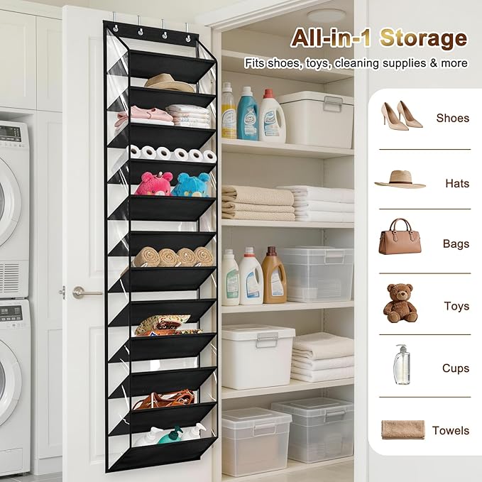 MISSLO 36 Pairs Clear Over the Door Shoe Organizer Closet Hanging Shoe Rack for Door with Large Deep Pockets Shoes Hanger Holder for Sneakers, Boots, Heels Storage (Black)