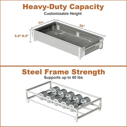 2Pack Under Bed Storage with Wheels,5.2"-6.5" Adjustable Height Underbed Storage,Low Profile Under Bed shoe Storage,Rolling Under Bed Clothes Storage,Shallow Under Bed Drawers for Blankets,Toys