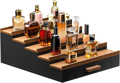 Sephyroth Cologne Organizer 5 Tier of Elegant Bamboo Perfume Organizer for Men with Hidden Storage and Practical Drawer, Perfect for Cologne Display & Gift (5T-BlackWalnut)