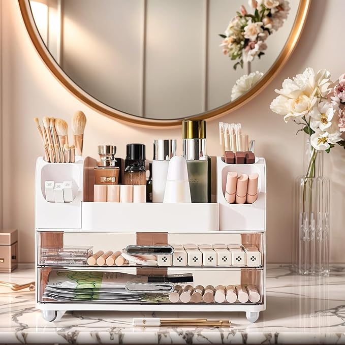 Makeup Organizer with 2 Drawers, Cosmetic Display Case, Storage Holder for Vanity, Bathroom Counter, Desk, Beauty Supplies (White)