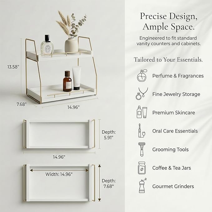 Mustry Bathroom Countertop Organizer, 2-Tier Makeup Organizer for Vanity, Wooden Shelf with Gold Metal Frame for Skincare, Perfume & Decor (White&Gold)