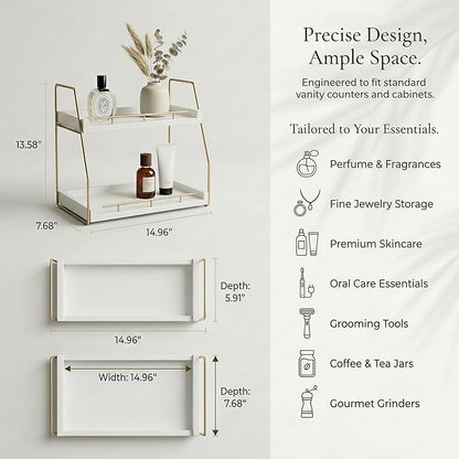 Mustry Bathroom Countertop Organizer, 2-Tier Makeup Organizer for Vanity, Wooden Shelf with Gold Metal Frame for Skincare, Perfume & Decor (White&Gold)