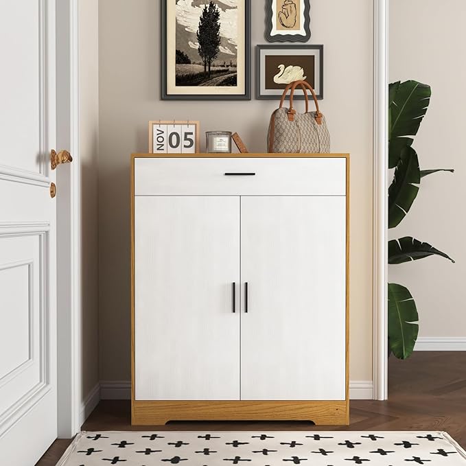 Shoe Cabinet with Drawer, Modern Shoe Storage Cabinet with Doors, 4 Tiers Narrow Shoe Organizer for Entryway, Foyer, Hallway, Natural & White