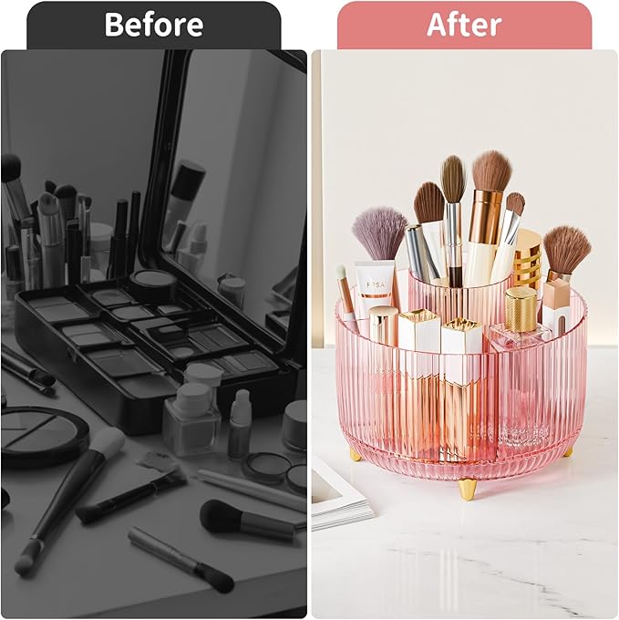 Clear Rotating Makeup Organizer Countertop for Vanity, 360° Makeup Brush Holder Organizer with 5 Compartments, Transparent Cosmetic Storage for Lipstick, Skincare, Bathroom Counter (Transparent Pink)