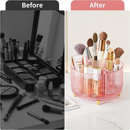 Clear Rotating Makeup Organizer Countertop for Vanity, 360° Makeup Brush Holder Organizer with 5 Compartments, Transparent Cosmetic Storage for Lipstick, Skincare, Bathroom Counter (Transparent Pink)