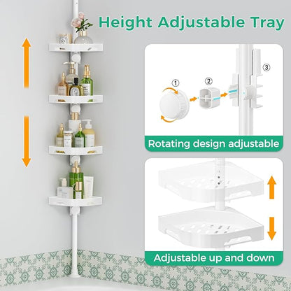 shuang qing 4-Tier Corner Shower Caddy Tension Pole Organizer - Adjustable Rustproof Metal Tension Pole, Plastic Shelves with Safety Guardrail, Bathroom Storage for Shower & Bathtub(White)