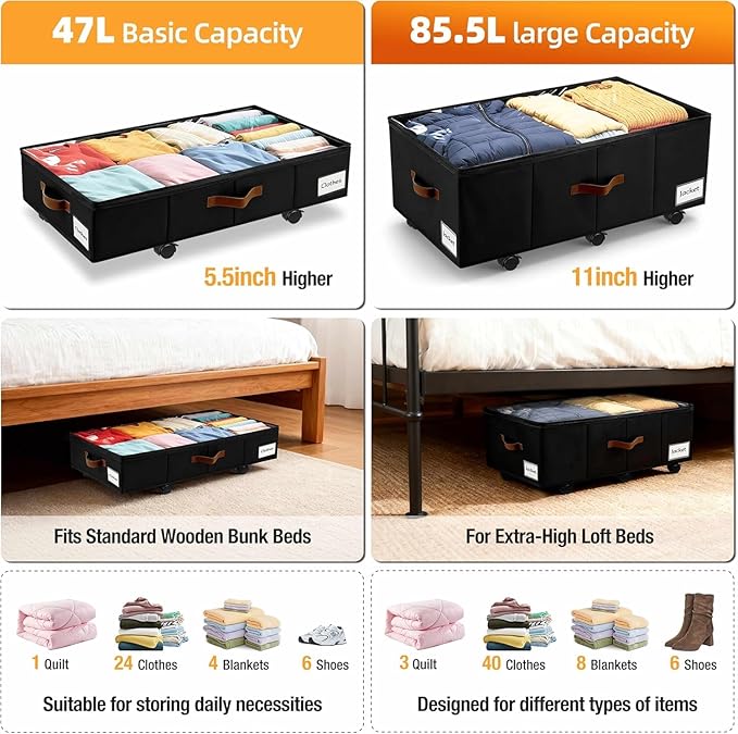Under Bed Storage with Wheels,Underbed Storage with Sturdy Sidewalls/Bottom, Clear Cover, Label and PU Handle, Rolling Under Bed Drawers for Clothes, Shoes, 11 Inch Height,Black, 4 Pack