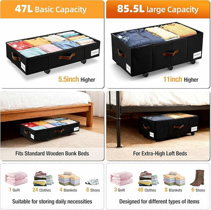 Under Bed Storage with Wheels,Underbed Storage with Sturdy Sidewalls/Bottom, Clear Cover, Label and PU Handle, Rolling Under Bed Drawers for Clothes, Shoes, 11 Inch Height,Black, 4 Pack
