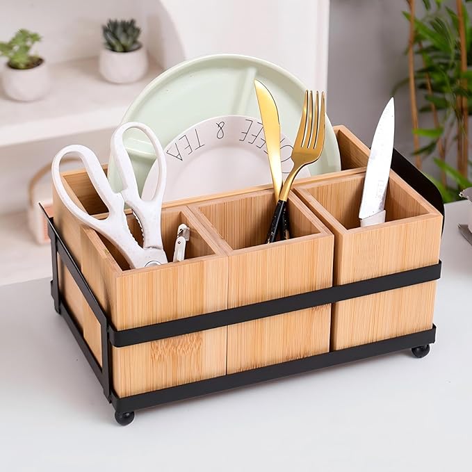Silverware Caddy Wood Utensil Holder Paper Plate Dispenser Diningware storage box Cutlery Flatware Organizer Box for Spoons Forks Plates Napkins