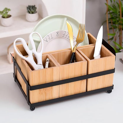 Silverware Caddy Wood Utensil Holder Paper Plate Dispenser Diningware storage box Cutlery Flatware Organizer Box for Spoons Forks Plates Napkins