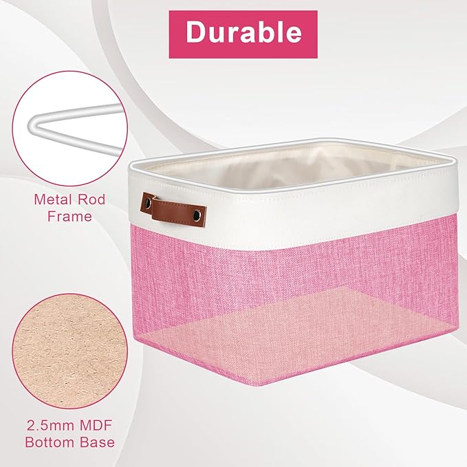 Bagnizer Storage Bins Large Fabric Storage Baskets for Shelves 3 Pack, Decorative Linen Closet Baskets with Handles for Organizing, Shelf, Clothes, Home, Office, 15x11x9.5Inches (Pink&White)