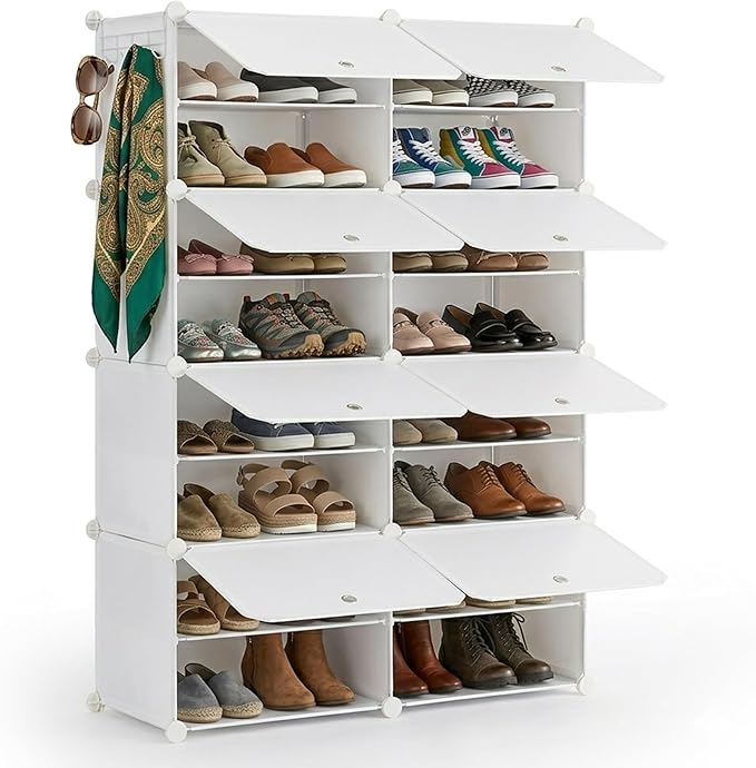 HealSmart Shoe Rack Organizer with Door, Shoe Storage Cabinet, Stackable Plastic Shelves for Closet, Entryway, Hallway, Bedroom, 8-Tier 32-Pair, White