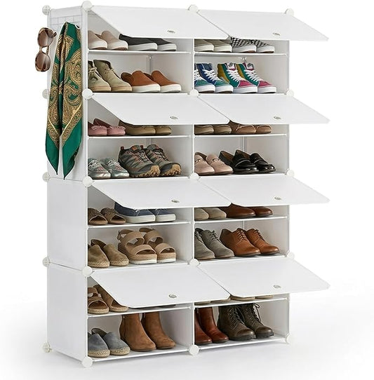 HealSmart Shoe Rack Organizer with Door, Shoe Storage Cabinet, Stackable Plastic Shelves for Closet, Entryway, Hallway, Bedroom, 8-Tier 32-Pair, White