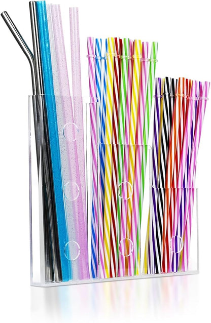 9" Straw Holder for Cabinet Door–Acrylic Straw Organizer with Height Dividers, Wall Mounted Kitchen Accessories Container Storage Inside Cupboard Cabinet Door, Easy Install with Adhesive Strips