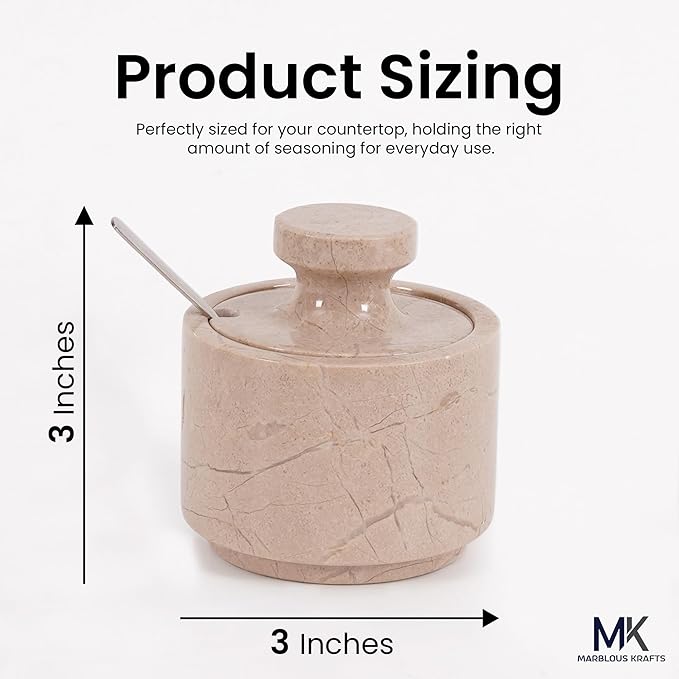 MARBLOUS KRAFTS Marble Salt Container with Lid & Spoon 3" Verona Pepper, Spices & Seasonings Jar for Kitchen Storage, Perfect Sugar Bowl & Salt Box Countertop Décor, Gift for Her