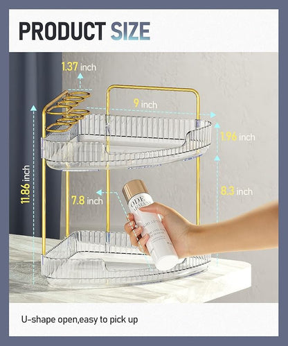 EUHOME 2-Tier Corner Bathroom Organizer Counter - Acrylic Makeup Skincare Organizer with Brush Holder, Perfume Tray for Countertop, Vanity, Dresser, Kitchen（Clear）