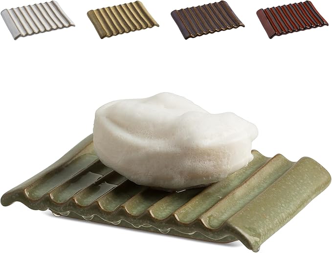 Zoeeker Soap Dish, Ceramic Soap Holder Bar Soap Saver Non-Slip Bathroom Accessories for Sponges, Scrubber, Razor, Green