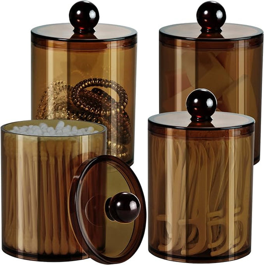 SheeChung 4-Pack Amber Acrylic Apothecary Jars - (2) 10oz & (2) 12oz Qtip Holder Set - Shatterproof Bathroom Vanity Organizer for Cotton Swabs,Balls,Pads - Modern Farmhouse Decor