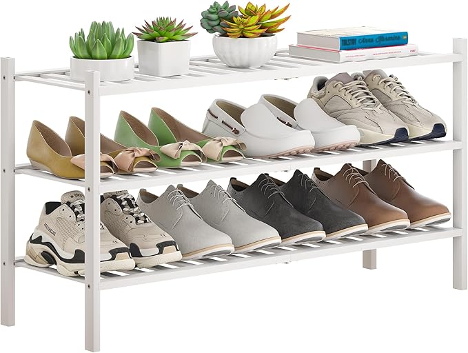 Bamboo Shoe Rack Stackable Shoe Shelf Storage Organizer for Unit Entryway Hallway and Closet Sturdy Freestanding Long Shoe Shelf(3L Tier White)