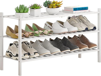 Bamboo Shoe Rack Stackable Shoe Shelf Storage Organizer for Unit Entryway Hallway and Closet Sturdy Freestanding Long Shoe Shelf(3L Tier White)