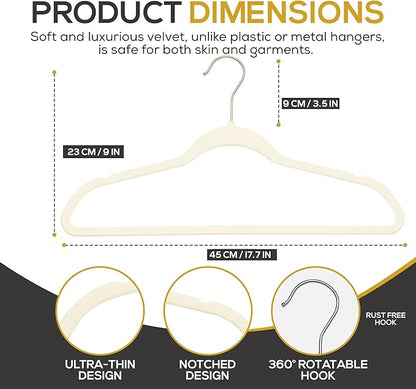 Techzoo 50 Pack New Premium Quality Velvet Hangers Ultra Thin Non Slip Adult Felt Space Saving Hangers for Closet Heavy Duty Coat Pants Jackets Dress Hangers 360° Swivel Hook Hold Upto 10 lbs Ivory