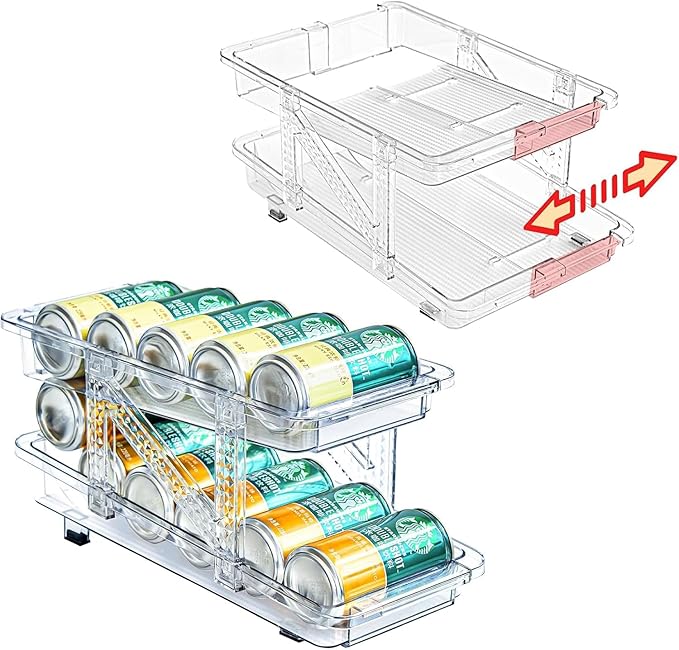 HYGRAD® Soda Can Dispenser Automatic Fridge Drink Can Storage Dispenser Drinks Organiser Stackable Drink Can Storage Dispenser Adjustable for Can Size Holds Up to 10-12 Cans.