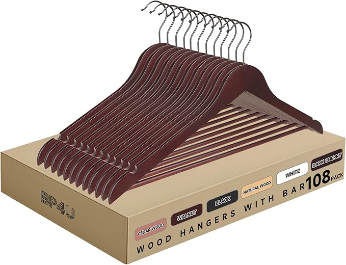 Quality Wooden Clothes Hangers, Solid Wood Suit & Coat Hangers with Pants Bars, Swivel Hook, Shoulder Notches, Heavy Duty Hangers for Shirts, Jackets, Dresses & Trousers(Mahogany/108-Pack)