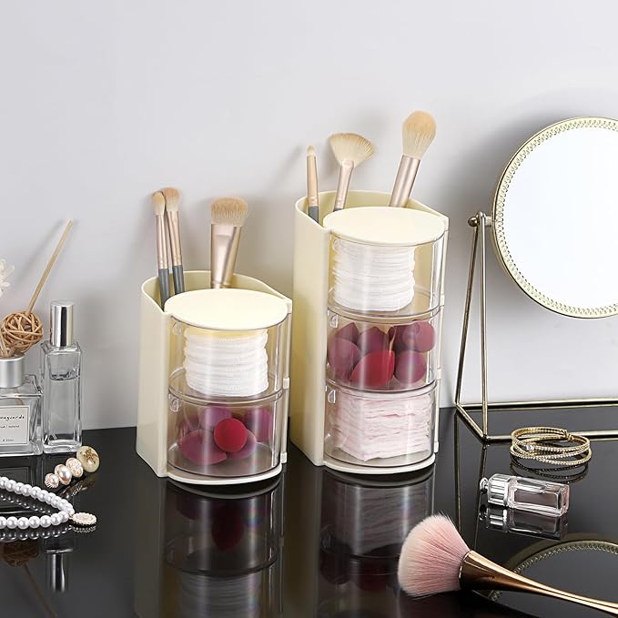 Plastic Hair Accessories Organizer with Hair Brush Holder Spinning Makeup Storage Container for Vanity Bathroom Countertop, 3-Layer Yellow