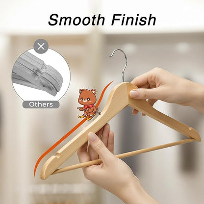 HOUSE DAY Slim Wooden Hangers 10 Pack, Solid Wood Hanger with Non Slip Shoulder Notches & Pant Bar, Smooth Finish Wood Clothes Hangers for Shirts, Suits, Jackets, Natural