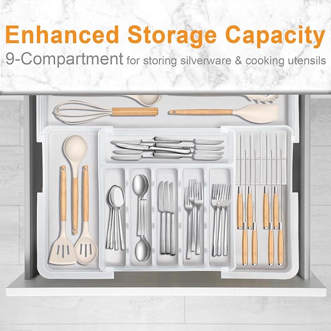 Silverware Organizer Expandable Utensil Drawer Organizer Adjustable Drawer Organizer, Flatware Cutlery Silverware Tray for Spoons Forks Knives Kitchen Organizers Storage (White Plus)