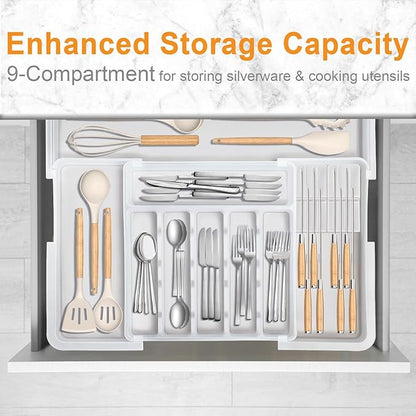 Silverware Organizer Expandable Utensil Drawer Organizer Adjustable Drawer Organizer, Flatware Cutlery Silverware Tray for Spoons Forks Knives Kitchen Organizers Storage (White Plus)