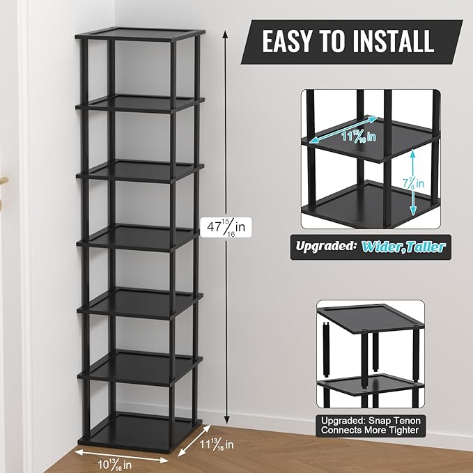 MHXW SXPN Bamboo Free Standing Shoe Rack Shelf Multi Tier Tall Wooden Stackable Shoes Rack Organizer for Closet Front Door Entrance Narrow Vertical Shoe Storage Rack for Corner Stand (Black, 7 Tiers)