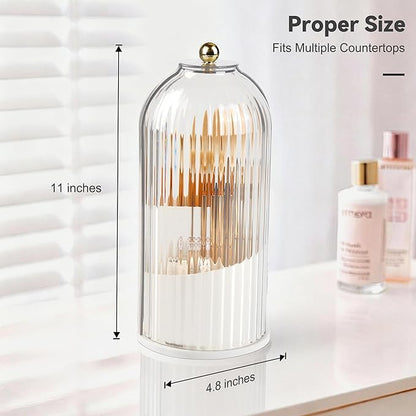 Hvygss 360° Rotating Makeup Brush Holder with Lid, Waterproof Three-Compartment Makeup Organizer, 180° Side-Pull Door Desk Organizer, Dustproof Brush Holder for Vanity and Bathroom (Transparent)