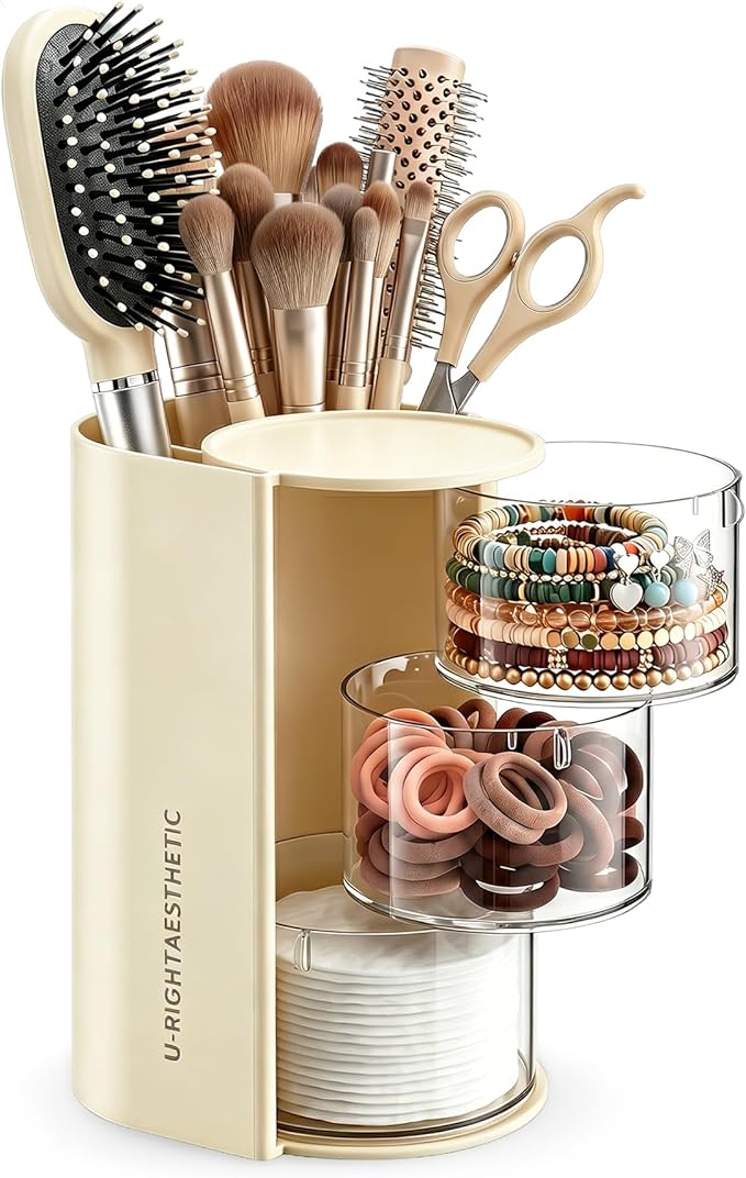 Hair Accessories Organizer with Makeup Brush holder, Bathroom Organizer and Storage, Qtip Holder Dispenser for Necklaces, Earring, Bracelet, Ring, Hair Clip, Cotton Swabs, Rotatable, 3-Layer (Cream)