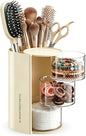 Hair Accessories Organizer with Makeup Brush holder, Bathroom Organizer and Storage, Qtip Holder Dispenser for Necklaces, Earring, Bracelet, Ring, Hair Clip, Cotton Swabs, Rotatable, 3-Layer (Cream)