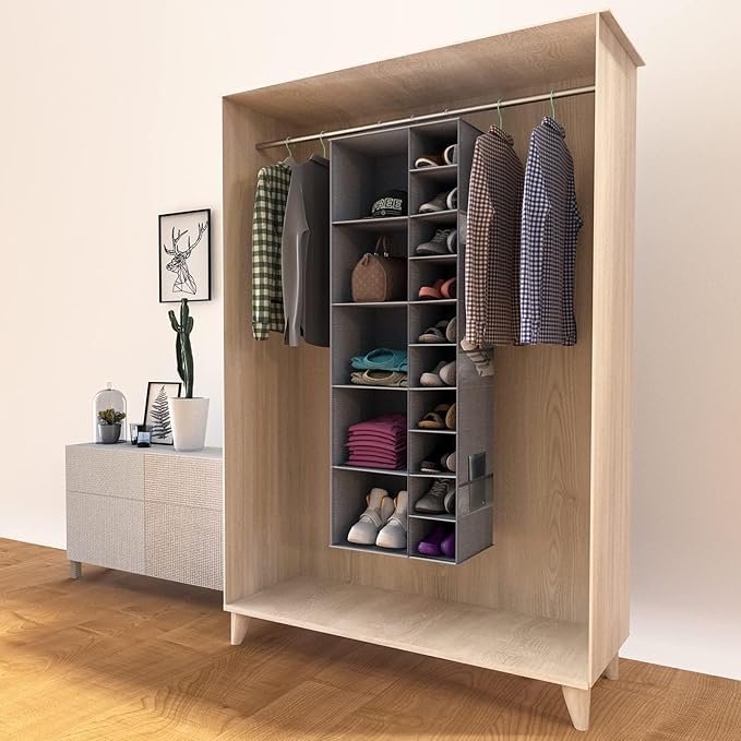 Hanging Shoe Closet Storage Organizer, 10+5 Sections Closet Organizers and Storage Shelves Shoe Rack Holder Hanger, Grey