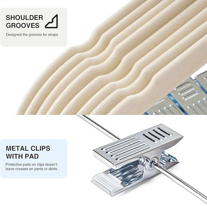 24-Pack Beige Velvet Hangers with Clips Adjustable,Adult Hangers,Heavy-Duty,Felt,Non-Slip,Space Saving,Slim Outfit Hanger for Pants, Skirts, Suits,Coats, Dresses ect.