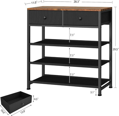 usikey Shoe Rack, 4 Tier Shoe Storage Organizer with 2 Drawers, Metal Shoe Shelf for 9-12 Pairs of Shoes, with 3 Oxford Fabric Shelves and Wooden Top, Shoe Stand for Closet Entryway, Black UNYXJX012H