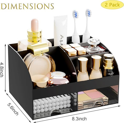 Makeup Organizer with 2 Drawers, Cosmetic Storage for Dresser Vanity and Bathroom Countertop,Make up organization and Skincare Storage with Beauty Brush Holder, Cosmetic Display Case 2Pcs Black