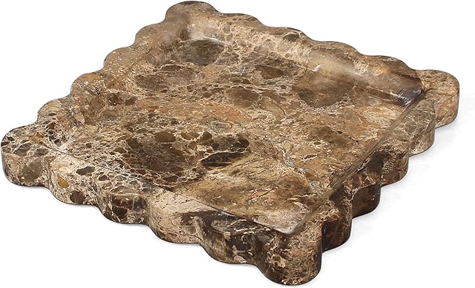 Square Marble Vanity Tray with Scalloped Edge - Natural Marble Perfume Tray Decor for Dresser, Vanity, Kitchen, Home Decor, Decorative Square Stone Tray - Brown 8 * 8 inch