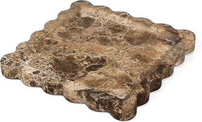 Square Marble Vanity Tray with Scalloped Edge - Natural Marble Perfume Tray Decor for Dresser, Vanity, Kitchen, Home Decor, Decorative Square Stone Tray - Brown 8 * 8 inch