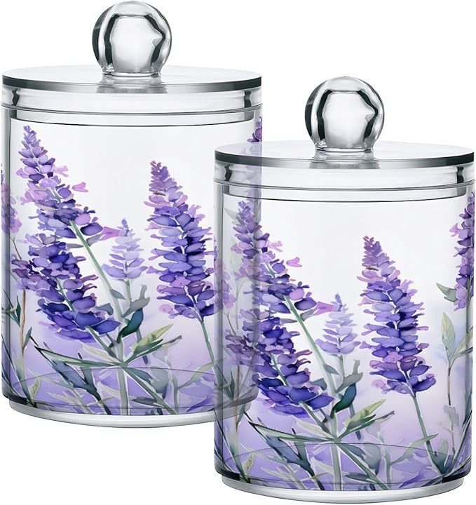 4 Pack Qtip Holder Dispenser Purple Lavender Floral A Cotton Ball Swab Round Pads Floss Clear Bathroom Storage Containers Plastic Apothecary Jars with Lids