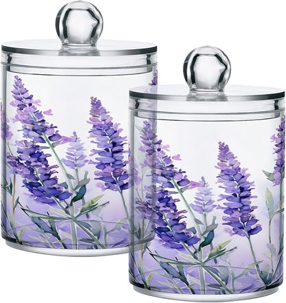 4 Pack Qtip Holder Dispenser Purple Lavender Floral A Cotton Ball Swab Round Pads Floss Clear Bathroom Storage Containers Plastic Apothecary Jars with Lids